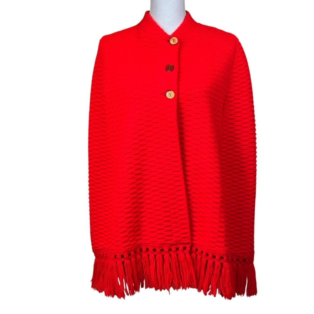 Vintage 60s Ades of California Red Fringe Cape Poncho Mod Boho One Size Wrap